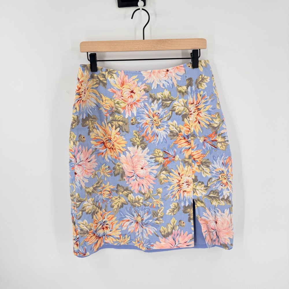 Vintage 90s Talbots Floral 100% Linen Skirt Blue Size 12 Pencil Slit‎ Romantic